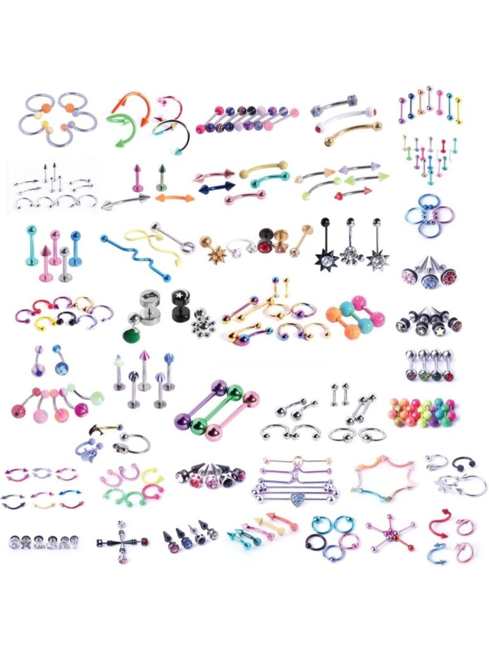 120PC Body Piercing Jewelry Kit - CBR, BCR, Studs & Barbells for Nose, Septum